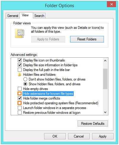 word document - Hide extensions for known file types - Hide protected operating system files -- Windows Wally