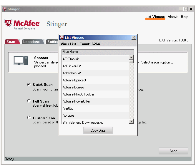 Virus - McAfee Stinger - List Viruses -- WindowsWally