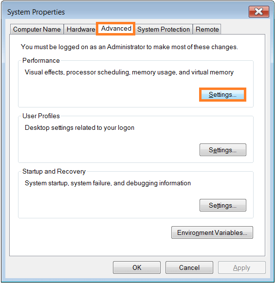 Microsoft Windows - System Properties - Advanced - Settings -- WindowsWally