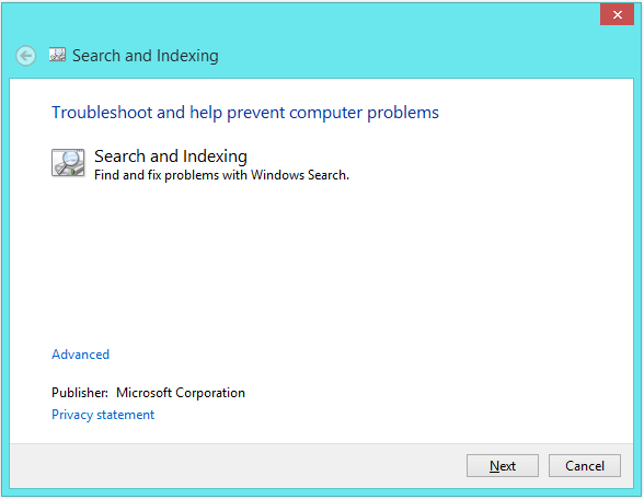Search service - Control Panel - Small Icons - Troubleshooting - View All - Search and Indexing - 2 -- Windows Wally