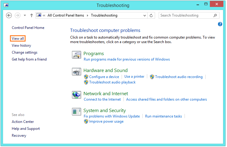 Search service - Control Panel - Small Icons - Troubleshooting - View All -- Windows Wally