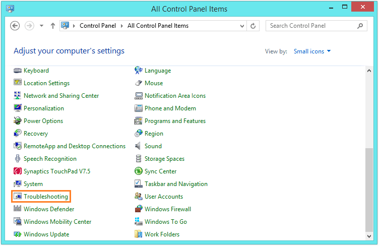 Search service - Control Panel - Small Icons - Troubleshooting -- Windows Wally