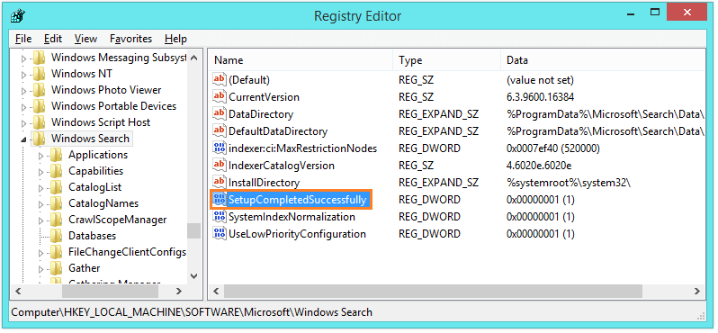 Search service - regedit - SetupCompletedSuccessfully -- Windows Wally