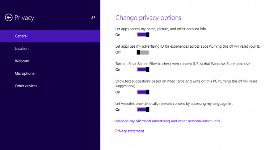 Windows 8 Tips - Change PC Settings - Privacy - Change privacy options -- Windows Wally