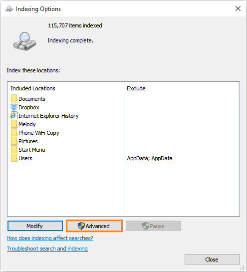 Windows 10 - Start Menu - Control Panel - Indexing Options - Advanced -- Windows Wally