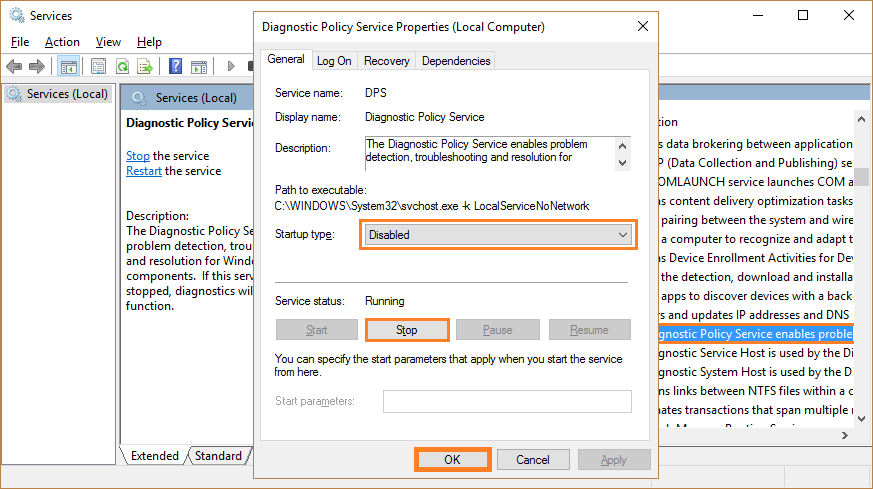 Windows Telemetry service - Services - Diagnostic Policy Service - Stop - Windows Wally