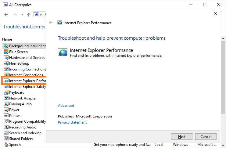 Update Trusted Sites - Control Panel - Search - Troubleshoot - View All - Internet Explorer performance troubleshooter - 2 - Windows Wally